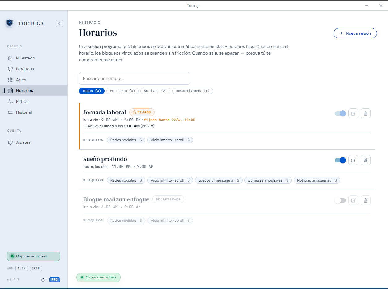 Pantalla de Horarios de Tortuga: sesiones programadas por días y horas.